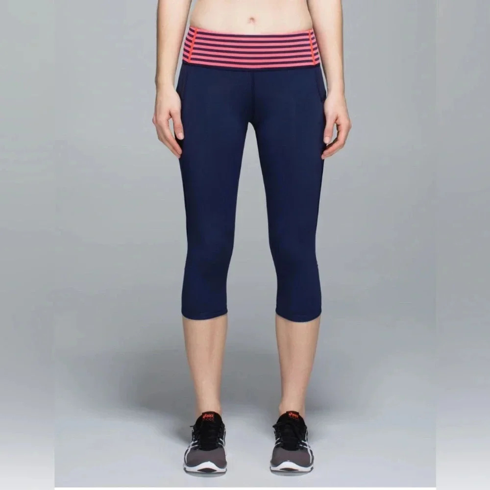 Lululemon Run:Top Speed Crop, Sz 8, Navy Blue, Orange Stripe Capri Leggings
